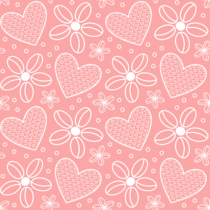 Cute vector pattern with hearts and flowers on pink background, seamless texture, textile print, wallpaper, wrapping paper.