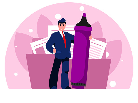 Businessman holding a huge marker. Background with big folder with documents. Vector graphics