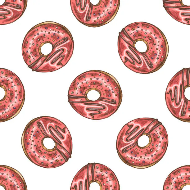 Vector illustration of Colored seamless pattern of donuts. Hand drawn doughnut sketch. Vintage illustration. Pastry sweets, dessert. Element for the design of labels, packaging.