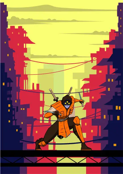 Vector illustration of Vector Cyberpunk Ninja in a Future City Slum Area Vector Illustration