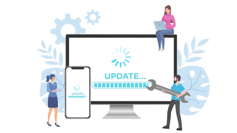 Update System On Computer Screen with Operators Employee working in App or website Updating . Operation system. Refresh software or landing page. concept animation with loading circle and bar.