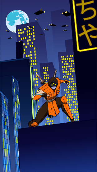 A vector illustration of an anime style ninja with cyberpunk city setting in the background. Easy to grab and edit. Wide space available for your text or copy.