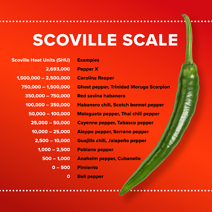 Table with Scoville scale for most popular chili peppers. Scoville Heat Units, SHU, measurement of pungency, spiciness or heat, based on concentration of capsaicinoids, which capsaicin is predominant.