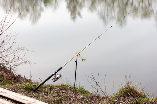 The fishing rod stands on the shore of the lake.