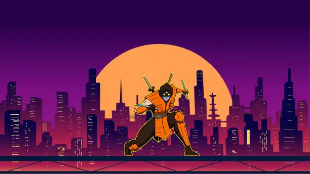 Vector illustration of Vector Anime Samurai in a Cyberpunk City Setting Vector Illustration