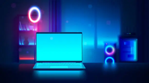Vector illustration of Laptop mockup in dark room. Vector open laptop. Realistic vector gaming laptop on desk.