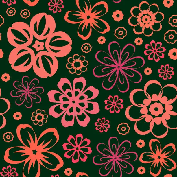 Vector illustration of Floral seamless vector pattern with pink abstract flowers on dark green background