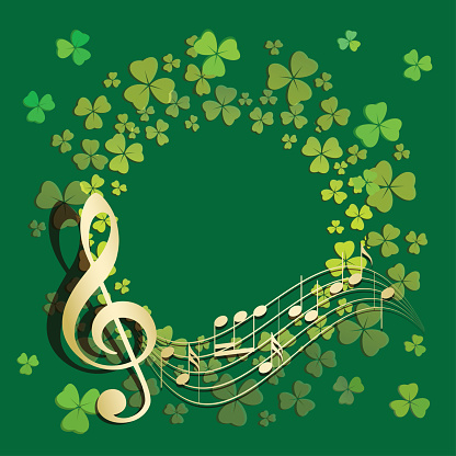 dark green background with round frame and music notes. Green clover leaves. Saint Patrick day