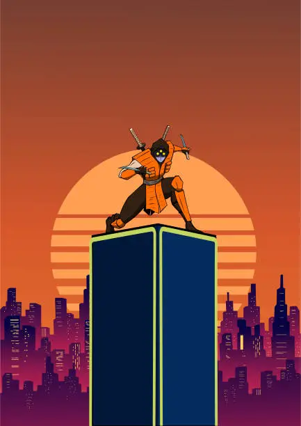 Vector illustration of Vector Cyberpunk Ninja in a City Vector Illustration