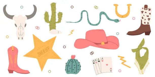 Vector illustration of Wild West set. Flat design set with cowboy hat, boots, cactus, snake, cow skull, horseshoe, cards, lightning.