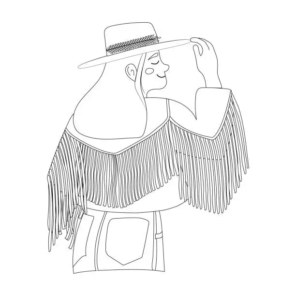 Vector illustration of Cowboy girl in a hat.Woman in a cowboy jacket.Wild West concept.Vector contour drawing.