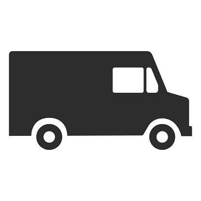 Delivery truck fast moving shipping van automobile logistic distribution black icon vector flat illustration. Cargo automobile transportation shopping shipment postal courier transport vehicle service