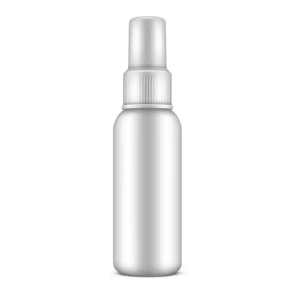 Vector illustration of White plastic spray bottle with cap for medical antiseptic sanitary hygiene mockup realistic vector