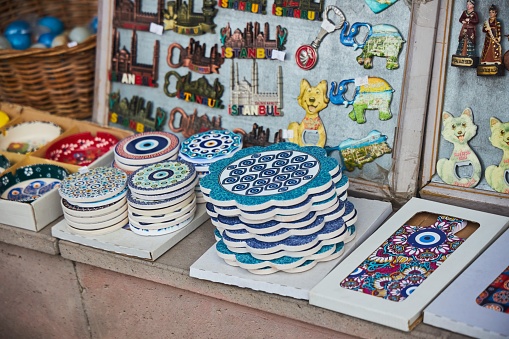 Ankara, Turkey. - July 12, 2023: Souvenirs sold on the territory of the old fortress of Ankara.