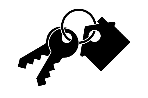 Two keys with a house keychain.  Flat desing, carefully layered and grouped for easy editing.