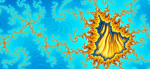 Fractal art Mandelbrot abstract background banner in gold and blue.