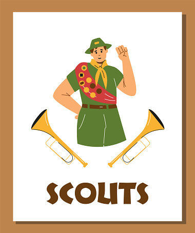 Boy in scout uniform, red ribbon with badges and trumpet fifes. Scouts camp poster. Cartoon summer camp scouts fifer character. Vector illustration of education outdoor activities