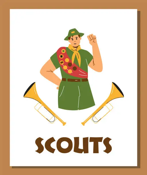 Vector illustration of Boy in scout uniform, red ribbon with badges and trumpet fifes, Scouts camp vector poster cartoon scouts fifer character