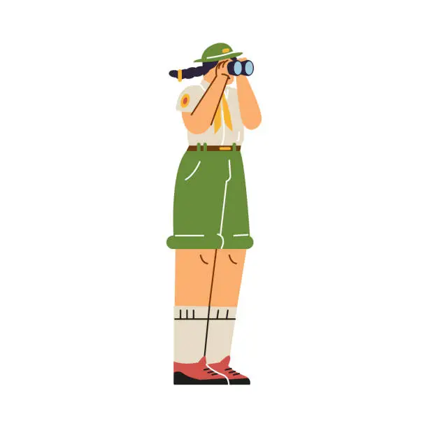 Vector illustration of Girl in scout uniform looks through binoculars, vector cartoon summer camp scout character, explorer activities survival