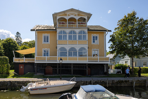 Trosa, Sweden - July 29, 2023: View of the old wooden House in the picturesque seaside town of Trosa in Södermanland. Sweden.