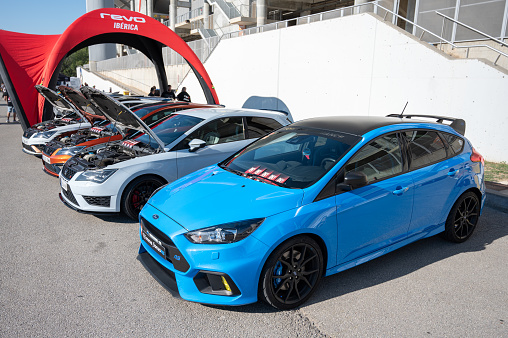 Montmelo, Spain – December 15, 2023: Front view of a nice sports hot hatch, the blue third generation Ford Focus RS MK3