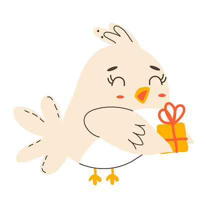Bird with a birthday gift box. Cute holiday cartoon character in simple children's hand drawn style. Vector isolate in pastel vintage palette on white background