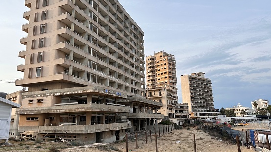 Famagusta, Northern Cyprus – January 1, 2024: Abandoned buildings at the ghost town of Famagusta in Northern Cyprus.