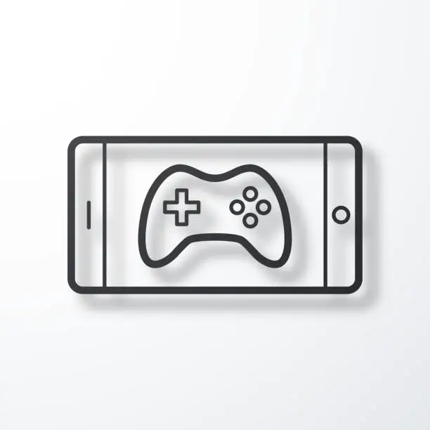 Vector illustration of Video game on smartphone. Line icon with shadow on white background