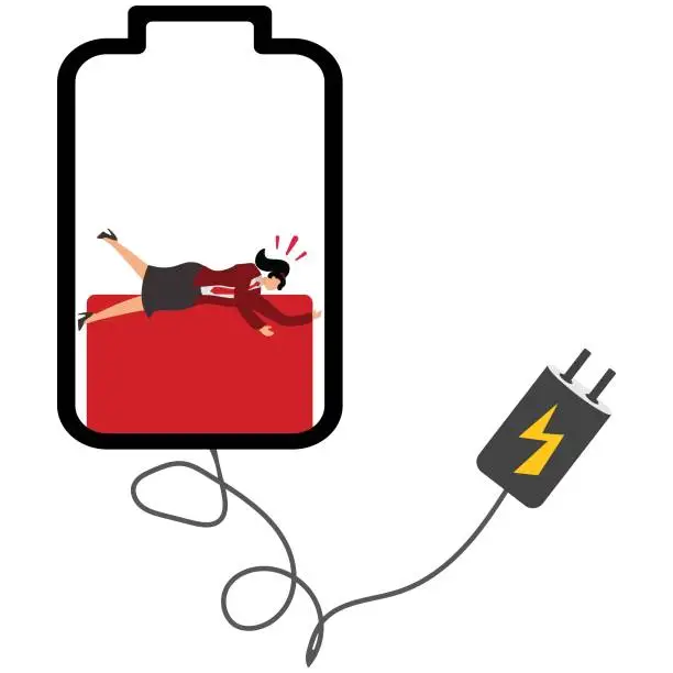 Vector illustration of Need to charge energy power, businessman lying down on the big battery