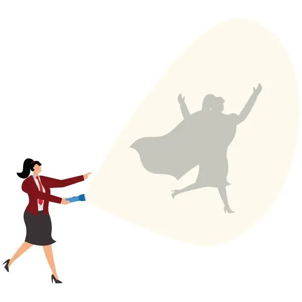 Vector illustration of Businesswoman with flashlight and superhero shadow