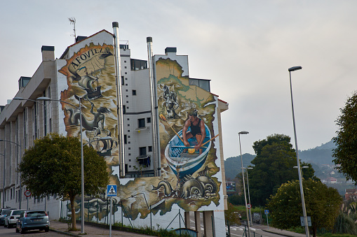 Vigo, Spain; February,05,2024: 'Afouteza', mural from Vigo with which a Ukrainian artist pays tribute to the bravery of sailors in Castrelos, Vigo