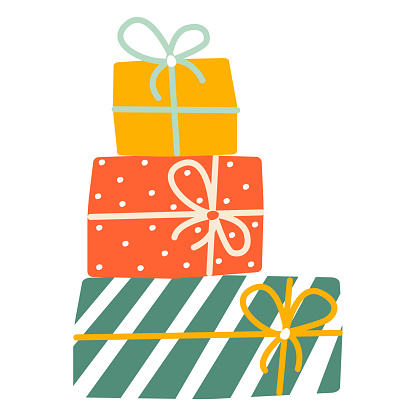 A pile of birthday gift boxes. Christmas presents wrapped in doodle paper, vector illustration