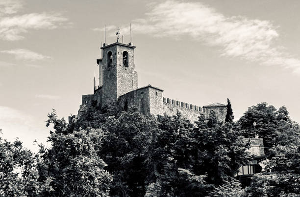Standing the test of time: The timeless silhouette of Seconda Torre - Cesta in San Marino, captured in captivating black and white.