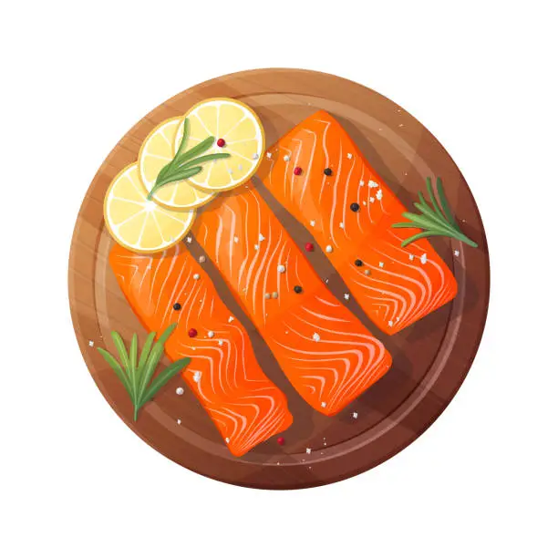 Vector illustration of Pieces of salmon, salmon or red fish, fillet with lemon slices and spicy rosemary greens and spices on a board. Fresh organic seafood stock for restaurant, sushi bar menu, poster, banner