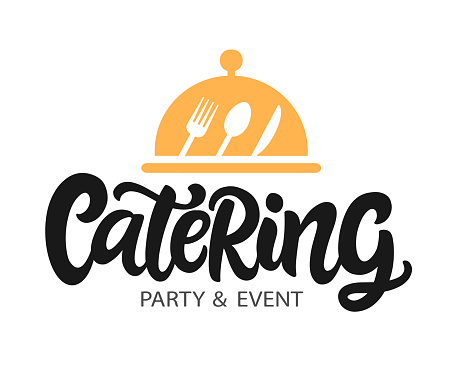 Catering vector logo badge. Cater service sign, outdoor dinner, restaurant business retro design with hand written modern calligraphy. Elegant lettering logotype, vintage style.