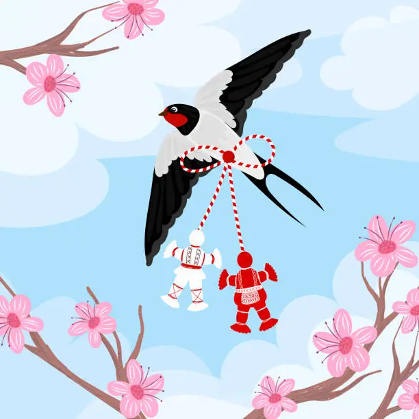 Vector illustration of Flying swallows delivering heart with love. Two bird in flight isolated on a white background.