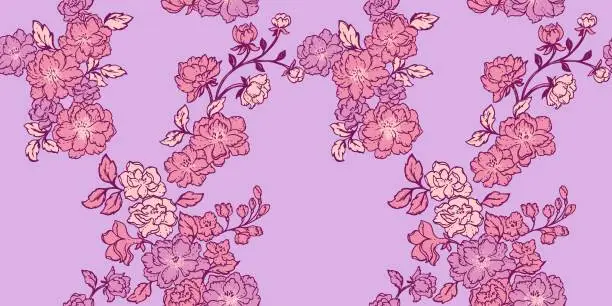 Vector illustration of Creative, stylized simple branches flowers intertwine in a seamless pattern on a purple background. Vector hand drawn. Vibrant lines floral printing. Template for textile, fashion, fabric, wallpaper