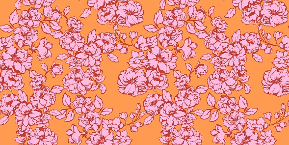 Artistic abstract stylized floral intertwined in a seamless pattern. Textured meadow tapestry. Vector hand drawn. Bright pink shape silhouettes flowers on a yellow background. Template for design