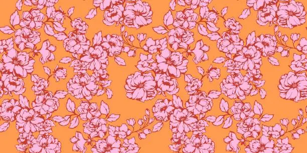Vector illustration of Artistic abstract stylized floral intertwined in a seamless pattern. Textured meadow tapestry. Vector hand drawn. Bright pink shape silhouettes flowers on a yellow background. Template for design