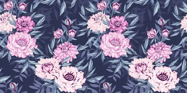 Vector illustration of Ornate artistic abstract flowers and  leaves, branches seamless pattern on blue background. Elegance stylized bouquets of peonies, dahlias and leaf shapes. Vector drawn illustration of blooming floral