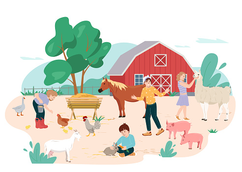 Children visit contact zoo. Girls and boys feeding domestic animals in the farm. Little kids petting llama, rabbits, piglet and feed the poultry. Vector illustration in flat style.
