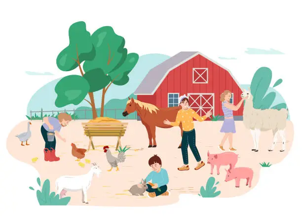 Vector illustration of Children visit contact zoo. Girls and boys feeding domestic animals in the farm. Little kids petting llama, rabbits, piglet and feed the poultry. Vector illustration in flat style