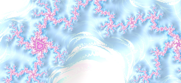 Fractal baby Mandelbrot abstract background banner with copy space in pink, white and blue.