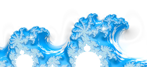 Fractal ocean waves, abstract blue and white background banner with copy space. Mandelbrot set.