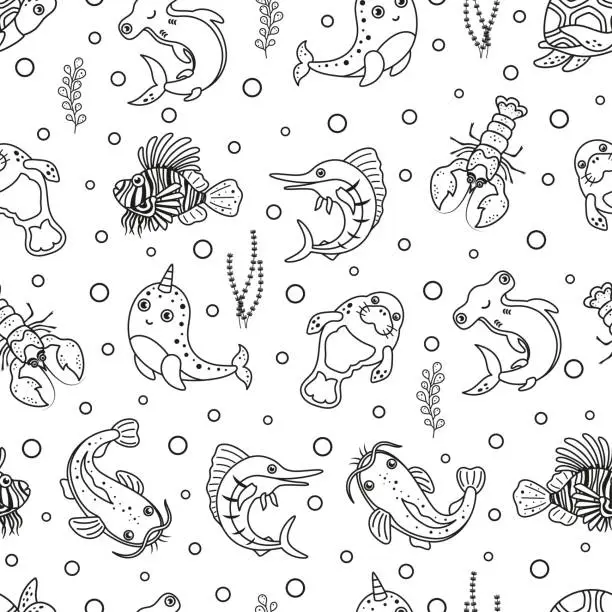 Vector illustration of black and white seamless pattern with ocean fishes