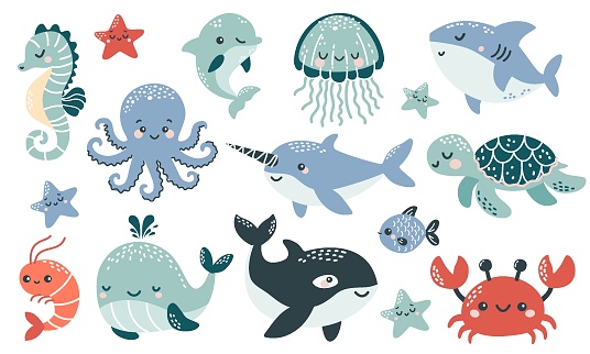 Vector illustration collection in children's Scandinavian style. Orca dolphin dolphin crab jellyfish octopus fish turtle shark seahorse shrimp swordfish