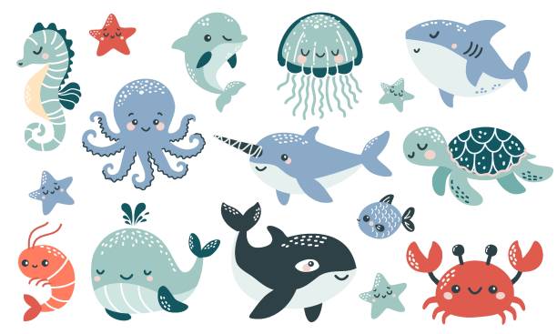 Print Vector illustration collection in children's Scandinavian style. Orca dolphin dolphin crab jellyfish octopus fish turtle shark seahorse shrimp swordfish water animal octopus sea stock illustrations