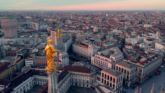 Aerial view Shot Of Milan Cathedral Piazza Del Duomo Di Milano And Galleria Vittorio Emanuele City Center Of Milano Sunset. 4K Footage in Milan Italy