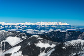 Easternmost part of Western Tatras and HIgh Tatras mountains from bellow Chopok hill in winter Low Tatras mountains in Slovakia