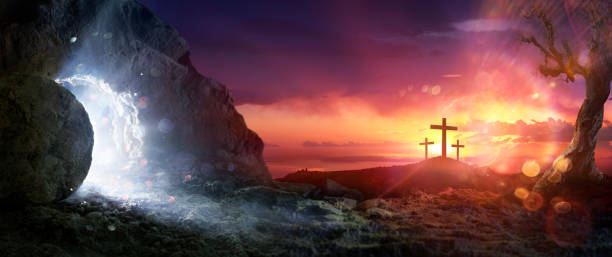 istock Resurrection - Crosses On Hill And Empty Tomb With Bright Light At Morning - He Is Risen 1989624811